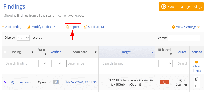 the Pentest-tools.com findings page