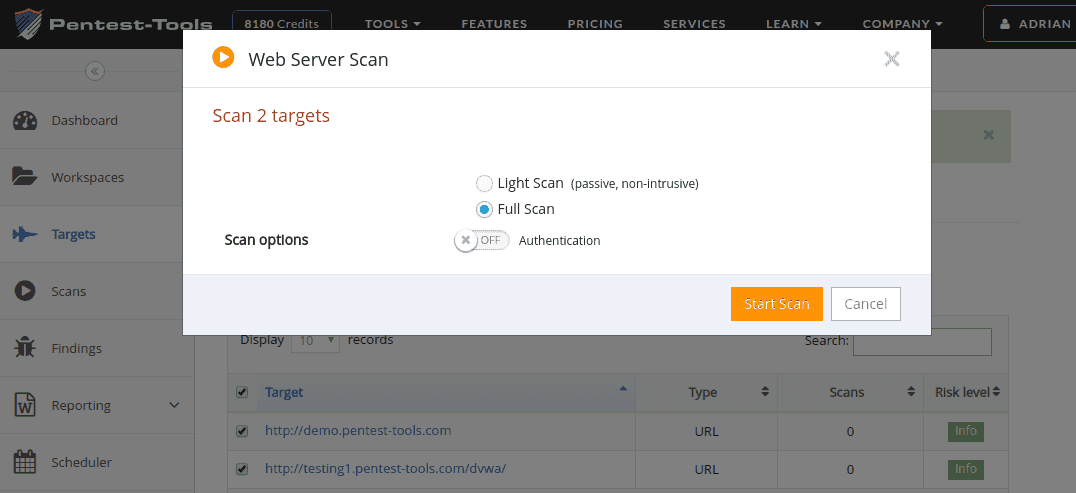 targets scan options