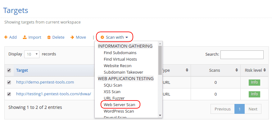 targets displayed in pentest-tools.com workspace